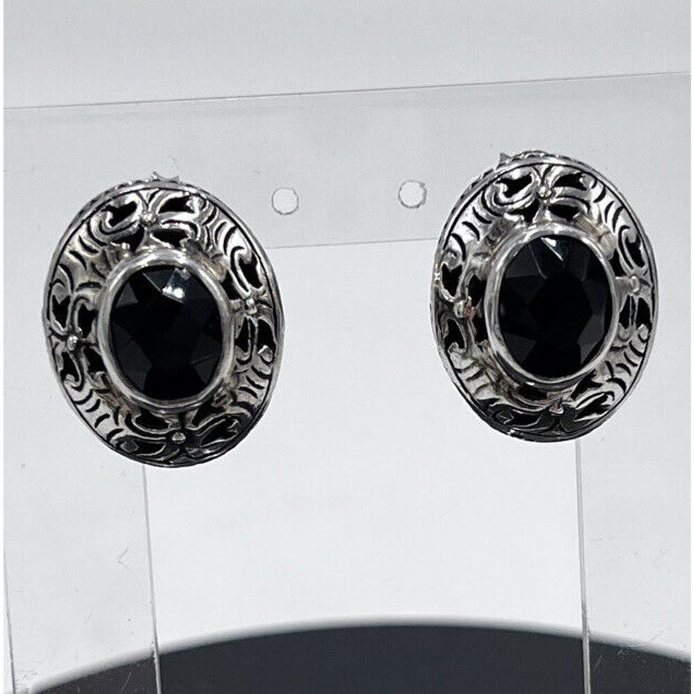 Janice Girardi JGD Vintage Sterling Signed Faceted Black Gemstone‎ Stud Earring